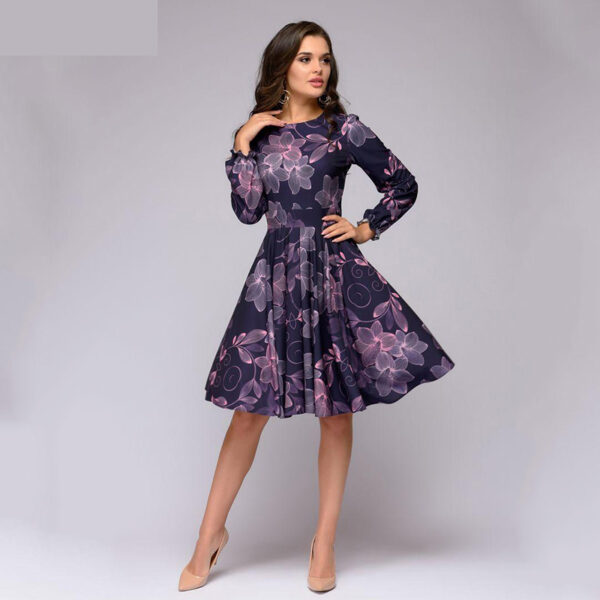 Elegant Long Sleeve Purple Printed Ruffles Dress