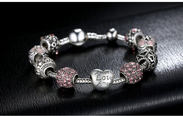 Silver Charm Bracelet & Bangle with Love and Flower Beads