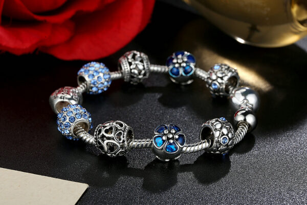 Silver Charm Bracelet & Bangle with Love and Flower Beads - Image 4