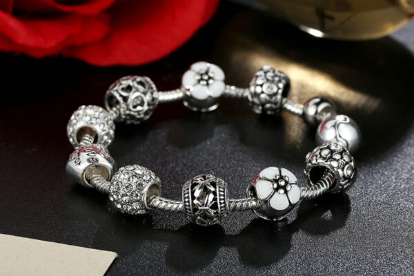 Silver Charm Bracelet & Bangle with Love and Flower Beads - Image 3