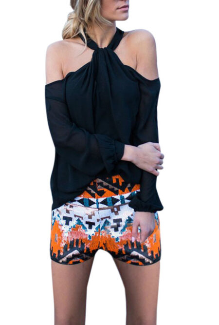 Long Sleeve Off The Shoulder Chiffon Top Blouse