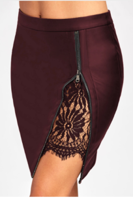 Pencil Zip Up Skirt, Lace Insert, Fitted Faux Leather,