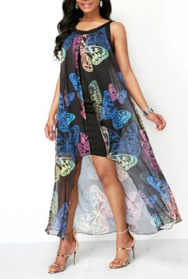 Overlay Butterfly Print Sleeveless Dress
