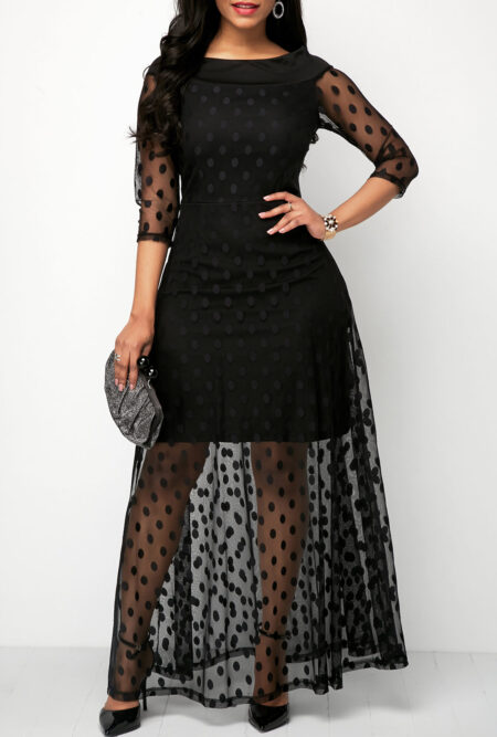 Polka Dot Three Quarter Sleeve Black Mesh Dress
