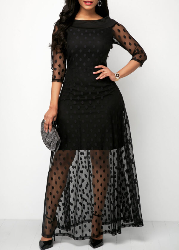 Polka Dot Three Quarter Sleeve Black Mesh Dress