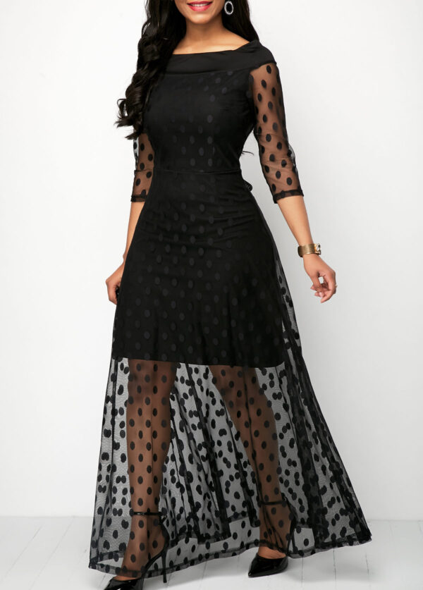 Polka Dot Three Quarter Sleeve Black Mesh Dress - Image 2
