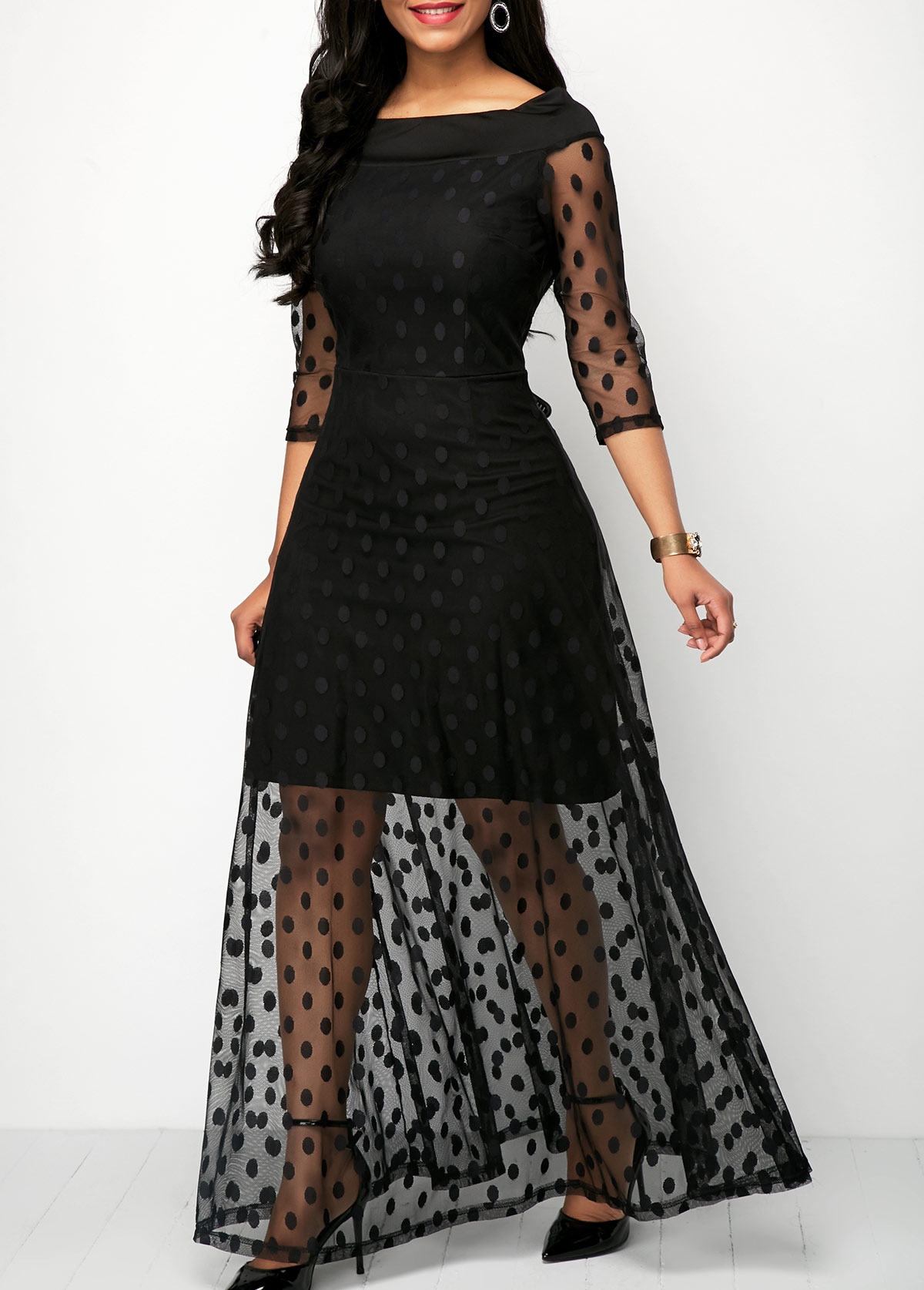 Polka Dot Three Quarter Sleeve Black Mesh Dress - Fashion Design Store