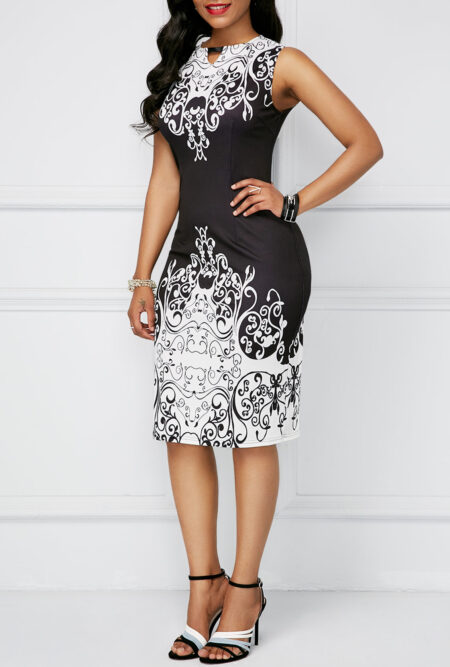 Sleeveless Black & White Printed Dress