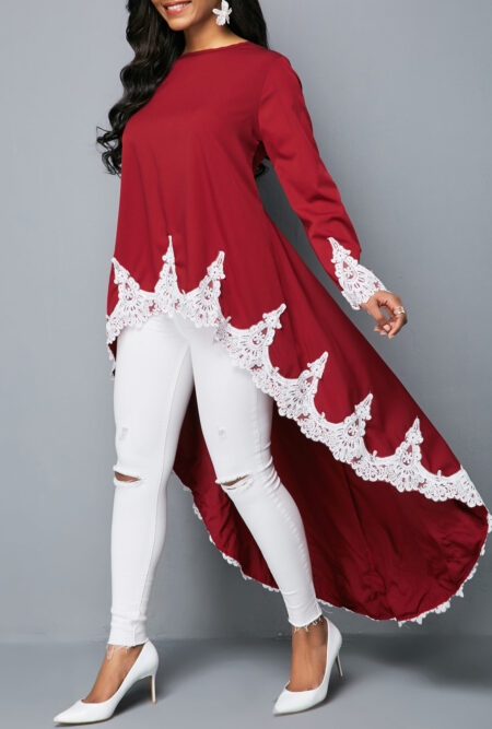 Dip Hem Lace Patchwork Burgundy Blouse