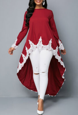 Dip Hem Lace Patchwork Burgundy Blouse