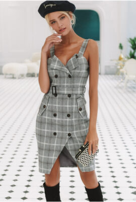 Plaid Strap High Waist Split Sash Short Dress