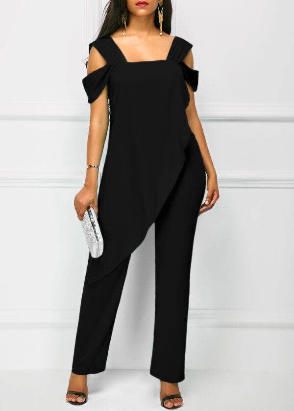 Open Back Strappy Cold Shoulder Overlay Jumpsuit - Image 4