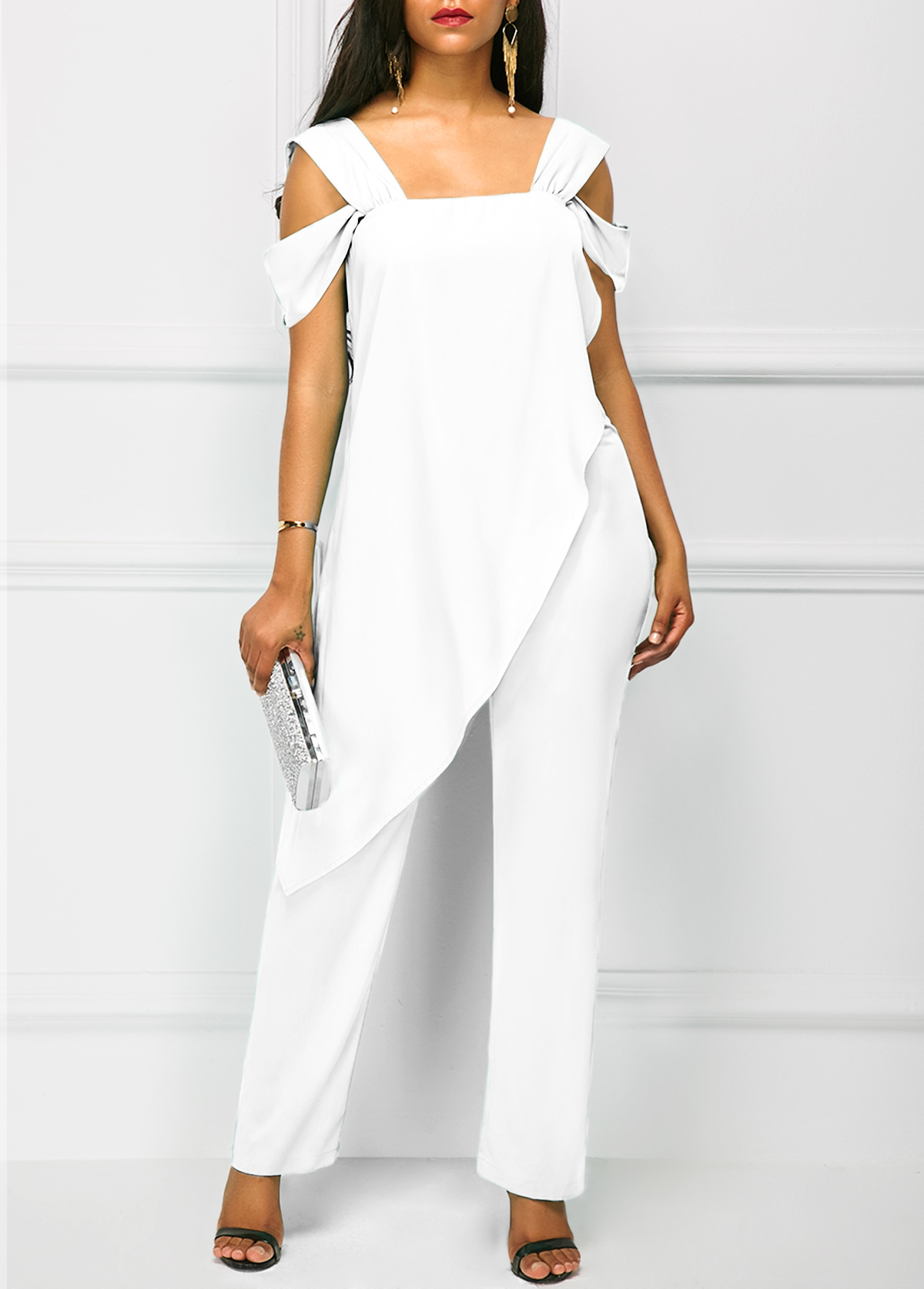 Open Back Strappy Cold Shoulder Overlay Jumpsuit - Fashion Design Store