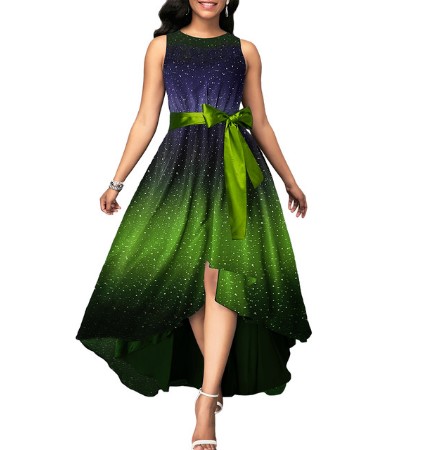 Sleeveless Belted Lace Panel Maxi Dress - Fashion Design Store