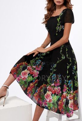 Floral Short Sleeve Midi A-line Female Elegant Dress