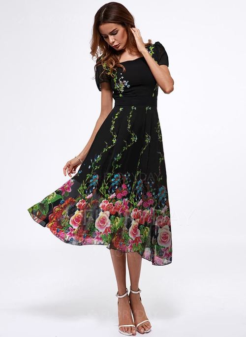 Floral Short Sleeve Midi A-line Female Elegant Dress - Fashion Design Store