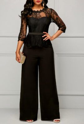 Lace Panel Peplum Waist Scalloped Neckline Jumpsuit