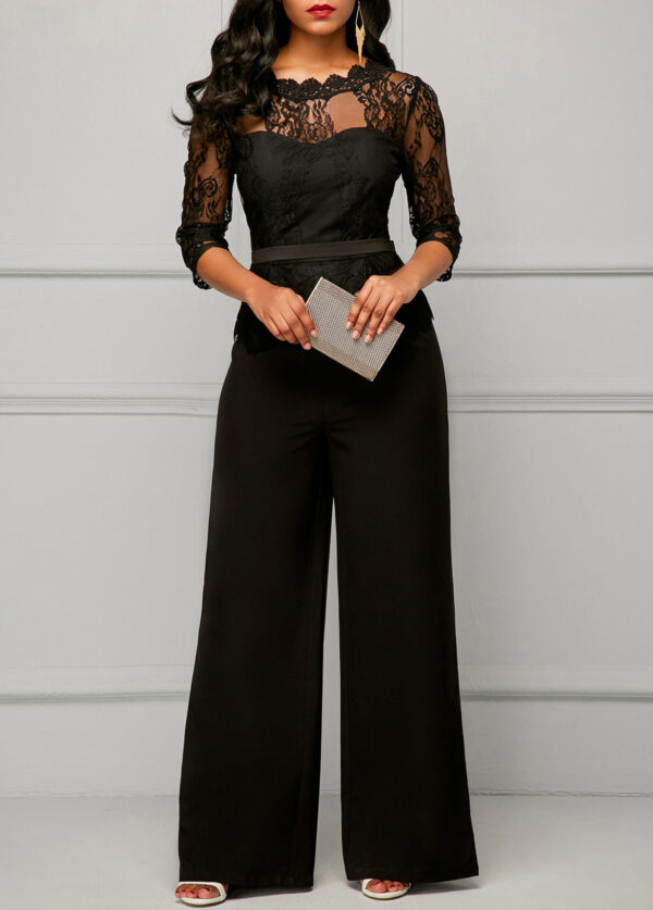 Lace Panel Peplum Waist Scalloped Neckline Jumpsuit - Image 7