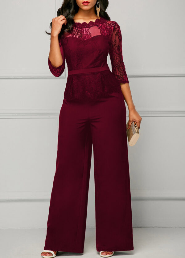 Lace Panel Peplum Waist Scalloped Neckline Jumpsuit - Image 5
