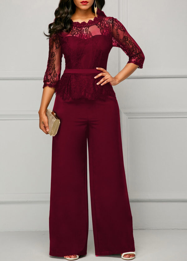 Lace Panel Peplum Waist Scalloped Neckline Jumpsuit - Image 4