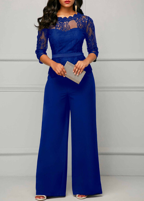 Lace Panel Peplum Waist Scalloped Neckline Jumpsuit - Image 3