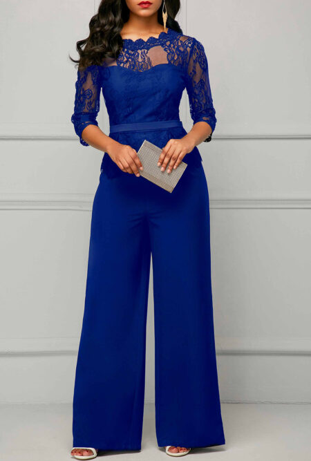 Lace Panel Peplum Waist Scalloped Neckline Jumpsuit