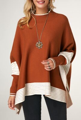 Striped Hem Blouse Sleeve Ribbed Poncho Sweater
