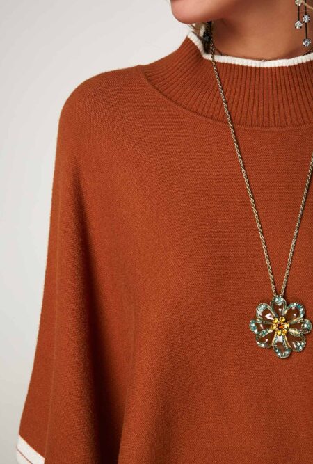 Striped Hem Blouse Sleeve Ribbed Poncho Sweater