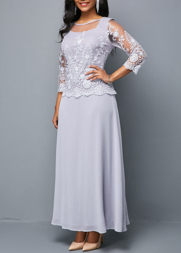 Lace Panel Three Quarter Sleeve Chiffon Dress - Image 3