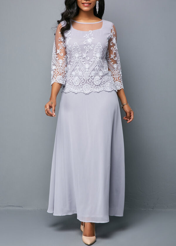 Lace Panel Three Quarter Sleeve Chiffon Dress - Image 2