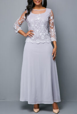 Lace Panel Three Quarter Sleeve Chiffon Dress