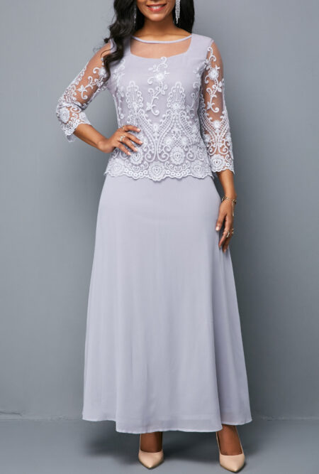 Lace Panel Three Quarter Sleeve Chiffon Dress