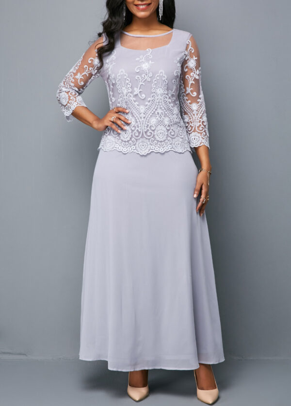 Lace Panel Three Quarter Sleeve Chiffon Dress