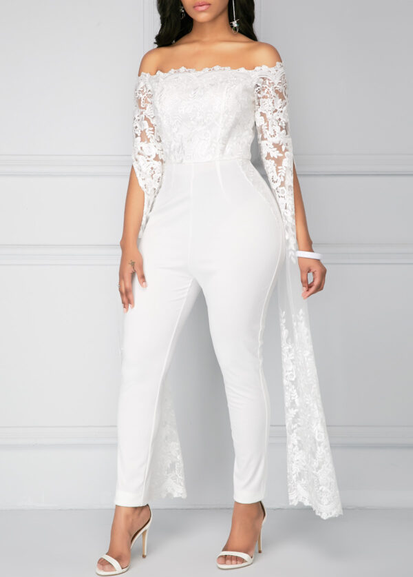 Lace Panel White Off the Shoulder Jumpsuit - Image 3