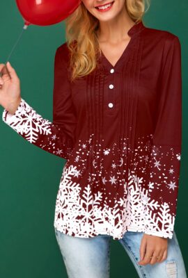 Button Detail Snowflake Print Pleated Split Neck   Blouse