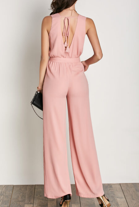 Sleeveless Belted V Neck Pink Jumpsuit