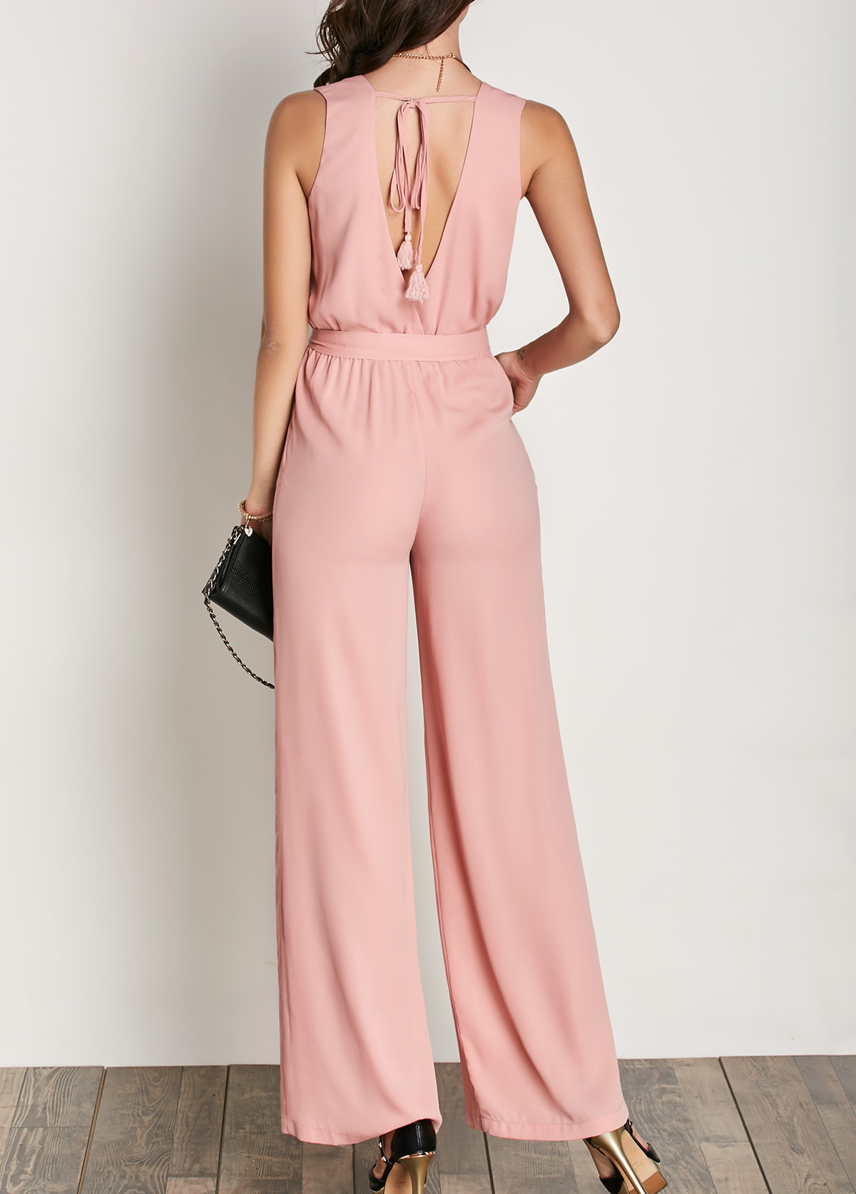 Sleeveless Belted V Neck Pink Jumpsuit Fashion Design Store