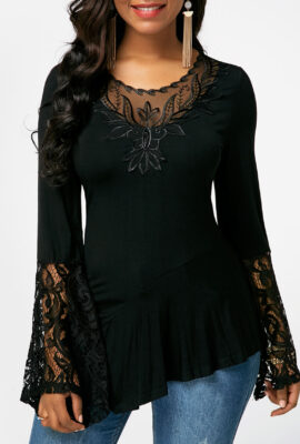 Flare Sleeve Asymmetric Hem Lace Patchwork Blouse