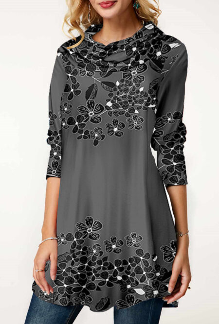 Long Sleeve Cowl Neck Pocket Grey T Shirt