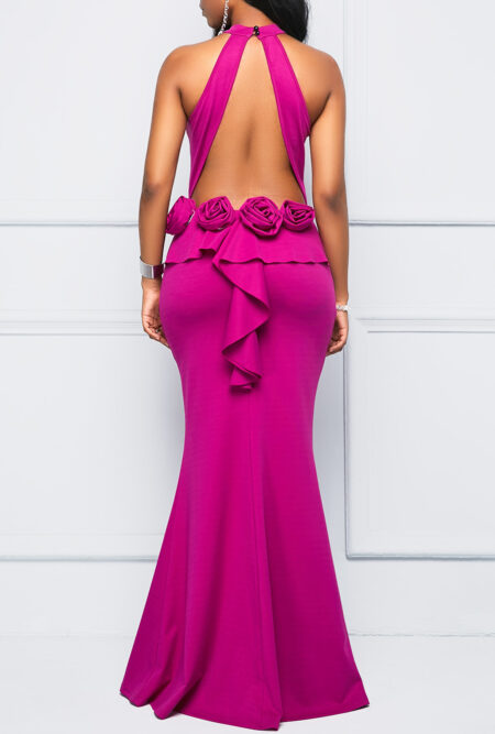 Mock Neck Stereo Rose Embellished Maxi Dress