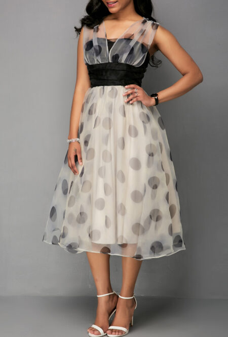 Mesh Patchwork Dot Print High Waist Dress