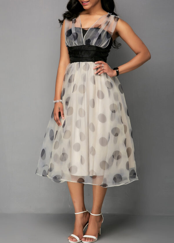 Mesh Patchwork Dot Print High Waist Dress