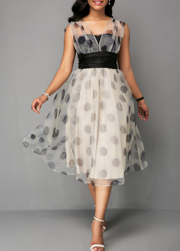 Mesh Patchwork Dot Print High Waist Dress - Image 2