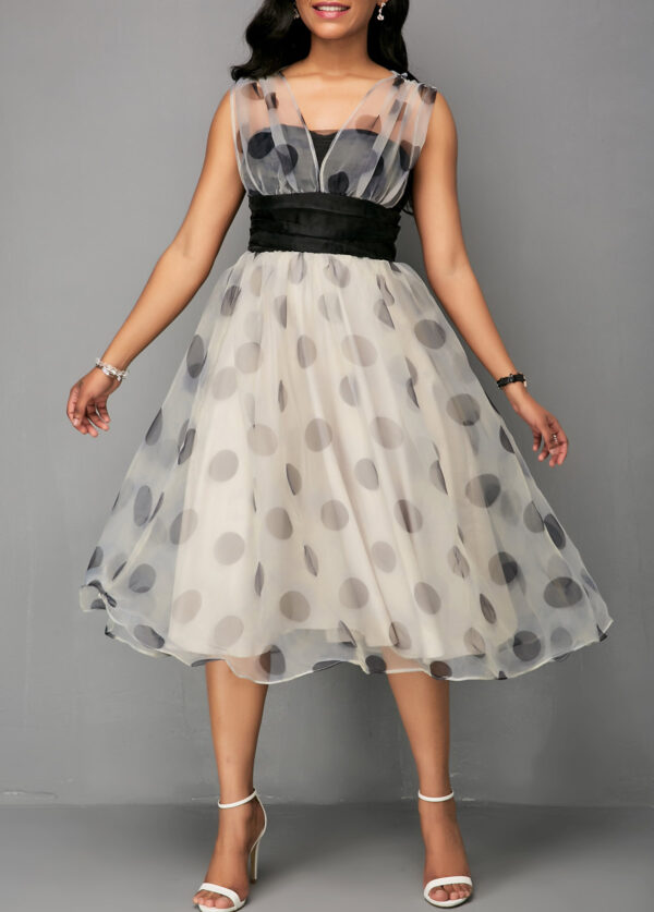 Mesh Patchwork Dot Print High Waist Dress - Image 4