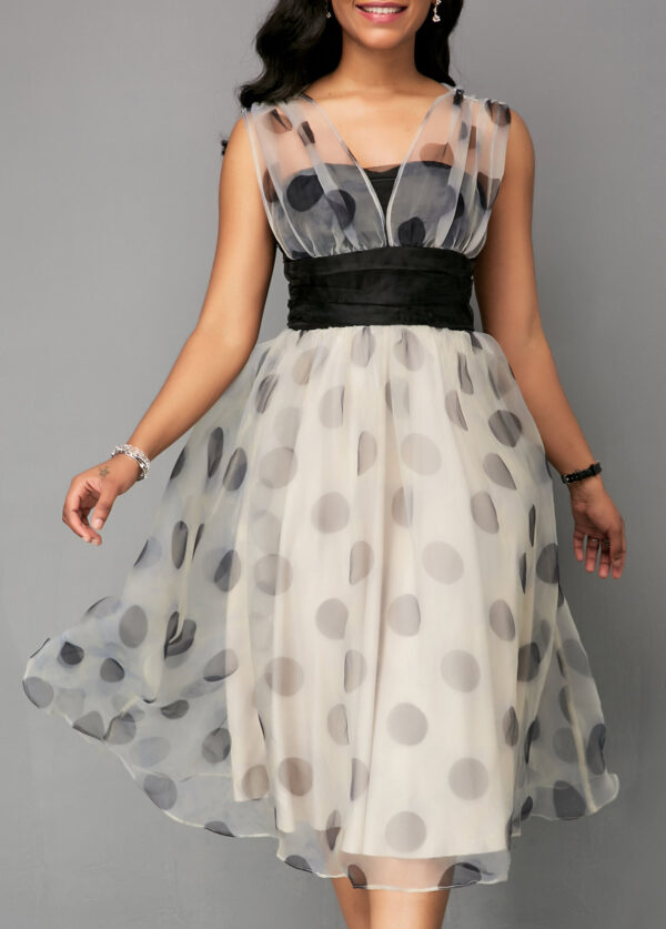 Mesh Patchwork Dot Print High Waist Dress - Image 3