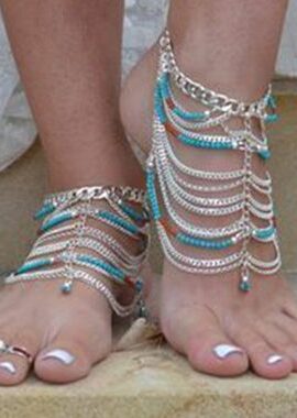 Multi Layers Beads Decorated Silver Metal Anklet