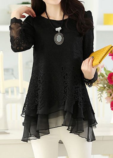 Long Sleeve Layered  Lace Panel  Blouse