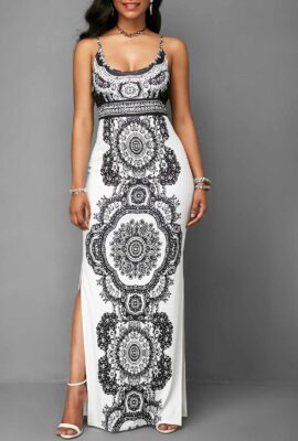 Side Slit Printed Spaghetti Strap Maxi Dress