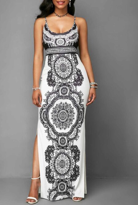 Side Slit Printed Spaghetti Strap Maxi Dress