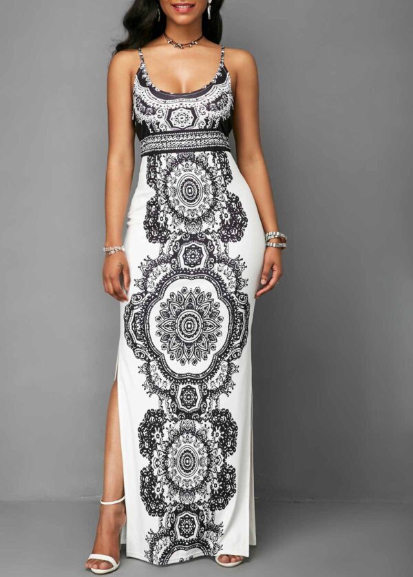 Side Slit Printed Spaghetti Strap Maxi Dress